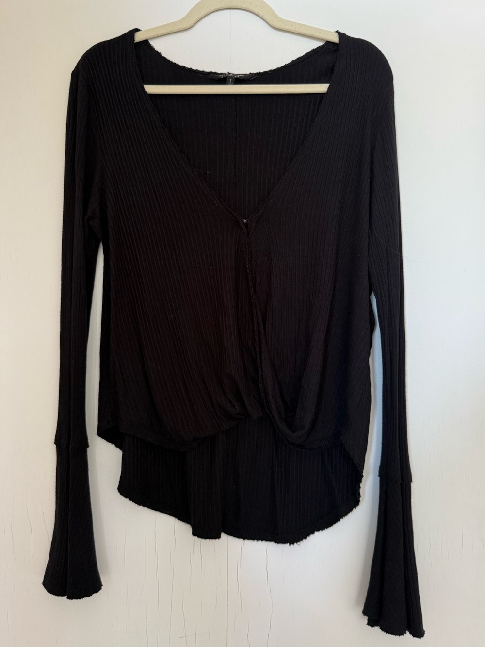 Lucky Brand Black Ribbed V-Neck Long Sleeve Top with Bell Sleeves